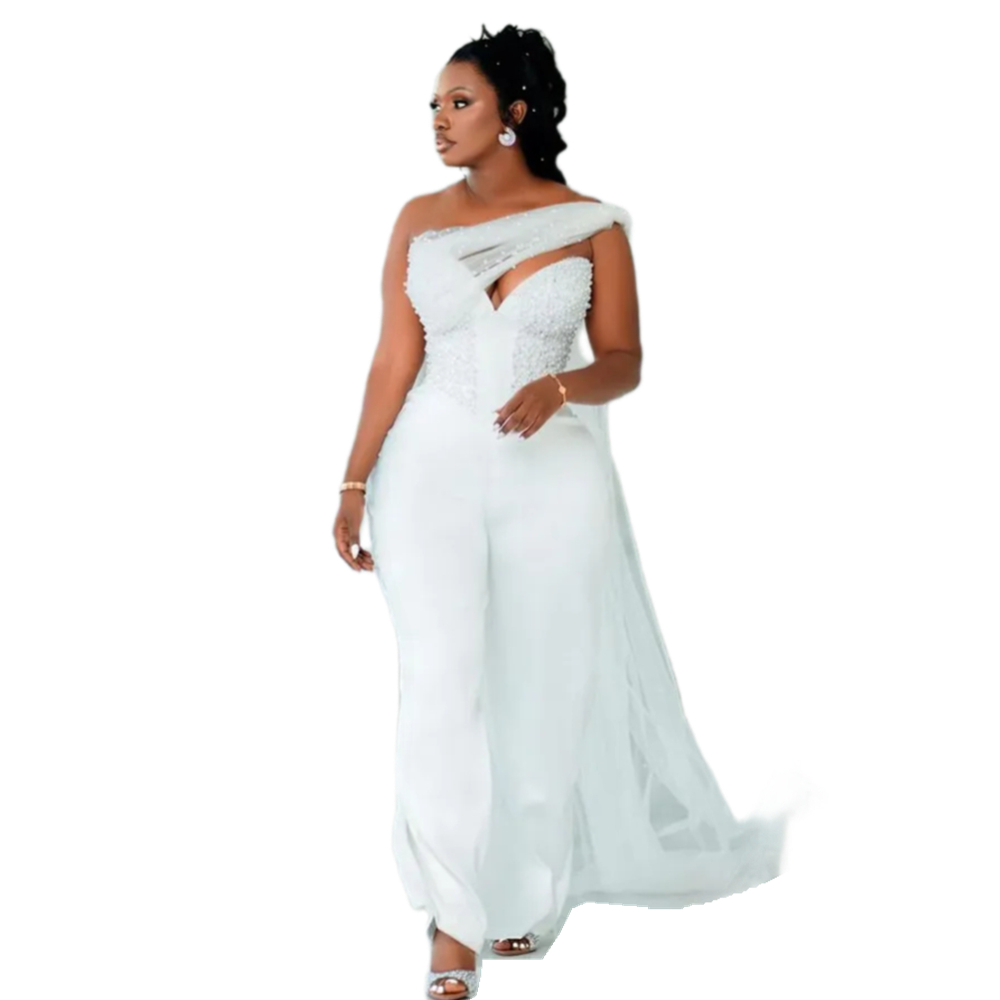Modern One Shoulder Prom Jumpsuits Pearls Beaded Elegant Ivory Formal Party Gown Bride Reception Dress Lace-Up Open Back Sleeveless Evening Wear