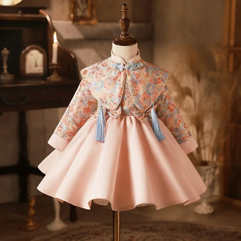 spring and autumn girlss chinese style zhuzhou pink embroidery dress 241008