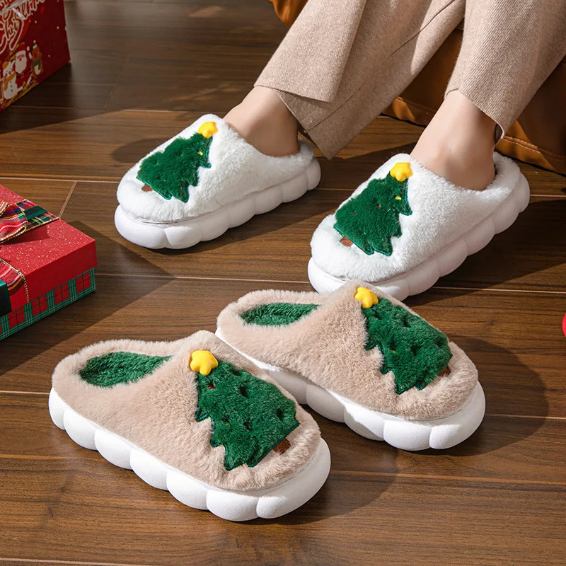 Christmas Tree Fluffy Slippers Women House Flats Cartoon Winter Shoes Home Fashion Tree Footwear Big Size 241010