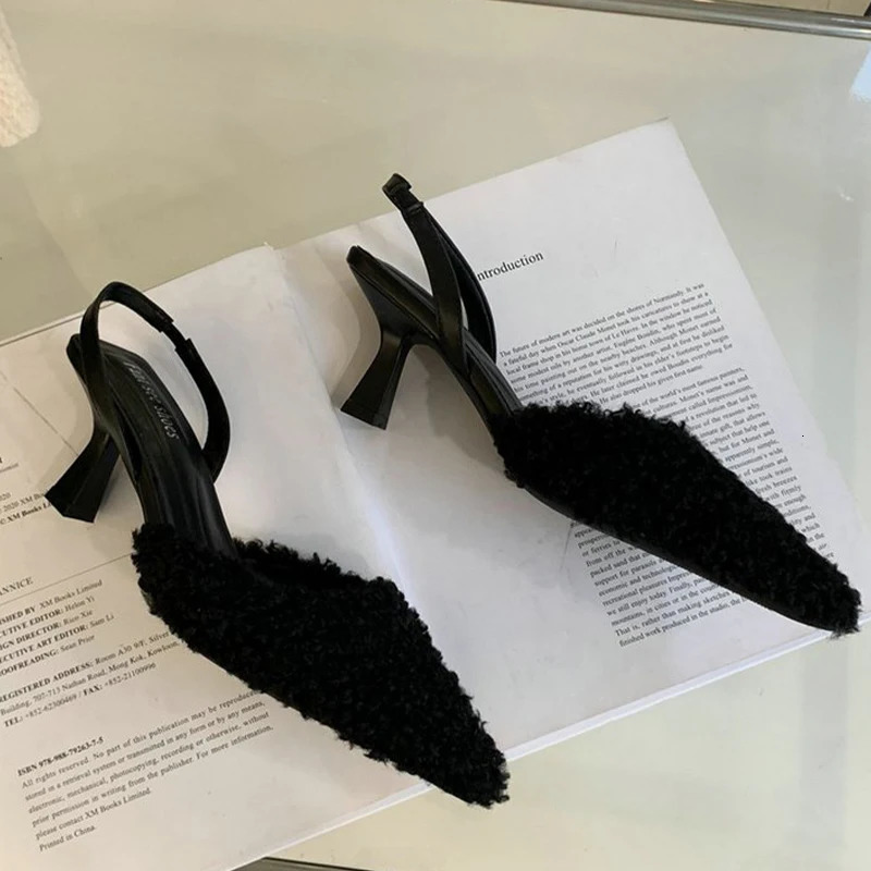 Women Fur Slippers Warm Mules Shoes Casual Mid Heels Boots Pointed Toe Plush Slingback Flip Flops Cotton Boots 240927