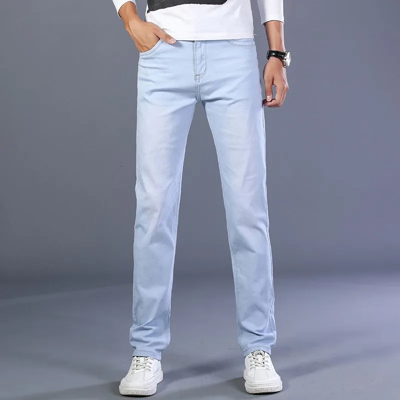 denim jeans mens classic slim fit summer autumn business casual light blue elastic cotton Trouser 240929