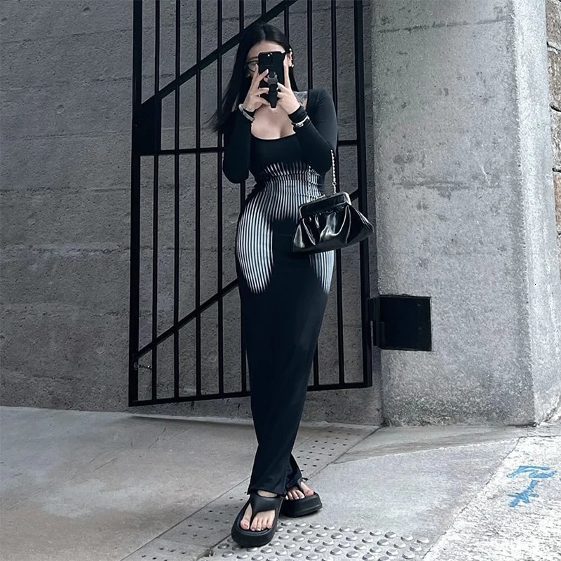 CUTENOVA Women Square Collar Long Sleeve Dress High Waist Abstract Sexy Stripe Body Print Dress Casual Wrap Hipster Mermaid Dres 241010