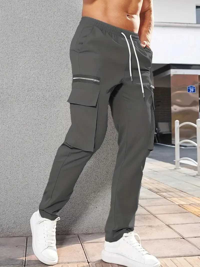 Jogger casual sports zipper decorative cargo pants with waist drawstring mens plus size woven solid color zipper cargo pants W241009