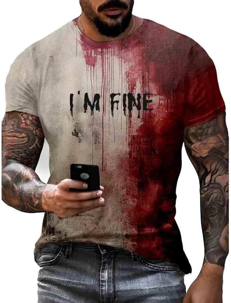 Mens T shirt I'M Fine Bloody Shirt Men Salem Halloween Funny Shirts Mens Horror Retro Tee 3D Pattern graphic tee Casual tops summer nice
