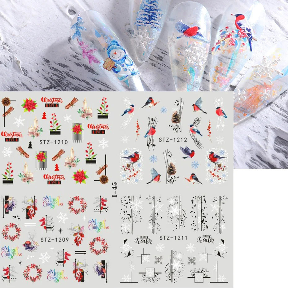 4-in-1 Christmas Flower Nail Stickers Snowflake Cartoon Birds Christmas s Elk Winter Stickers Sliders Year Decoration Handicrafts SAI44-49 241008