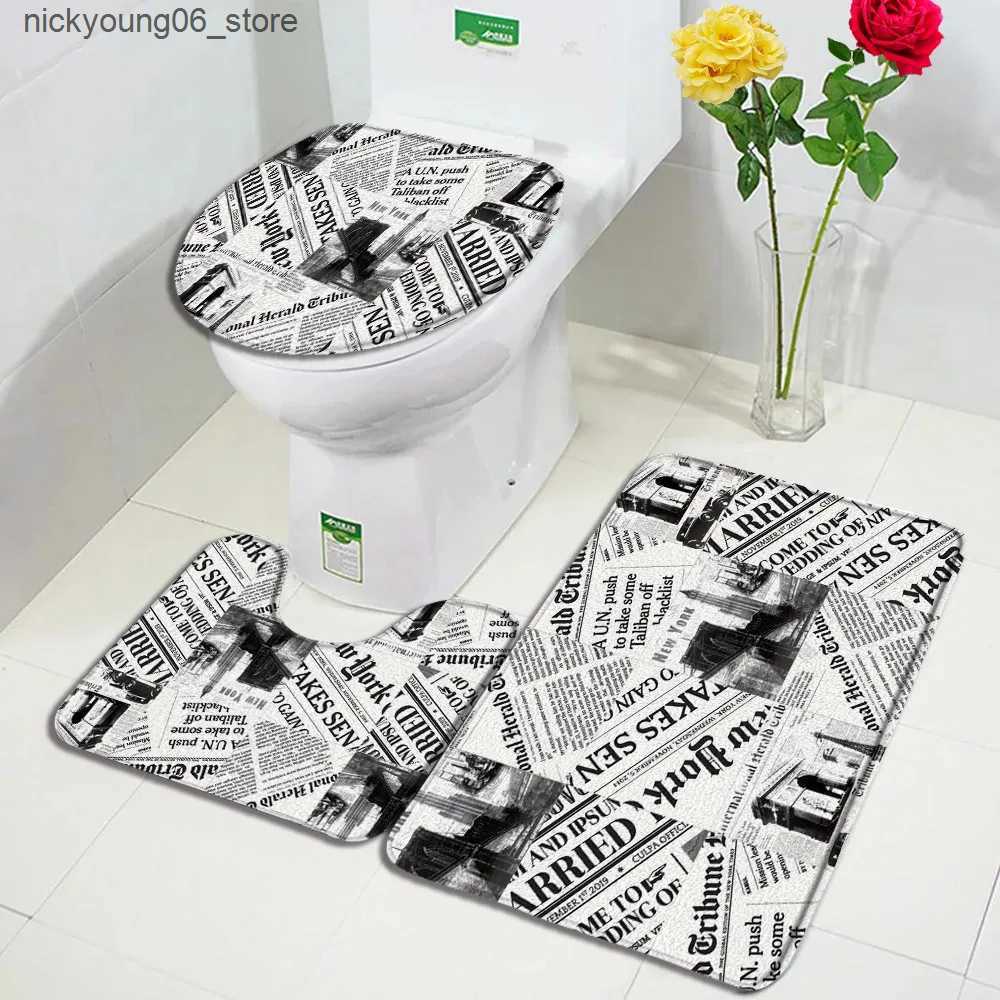 Non-Slip Bath Mats Vintage Old Newspaper Bath Mats Set Bathroom Rules French Paris Tower Skull Retro Door Rug Home Decor Anti-Slip Toilet Cover Mat L2