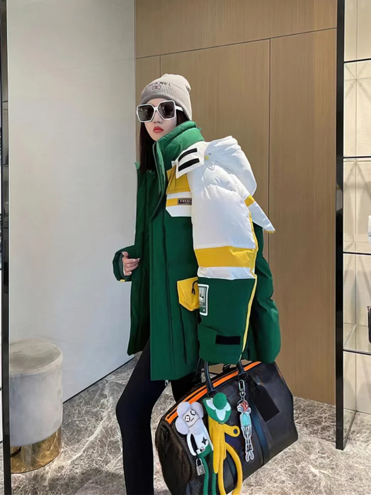 Womens colorful collision splicing work jacket down jacket white duck down thick and warm inflatable jacket winter 241009