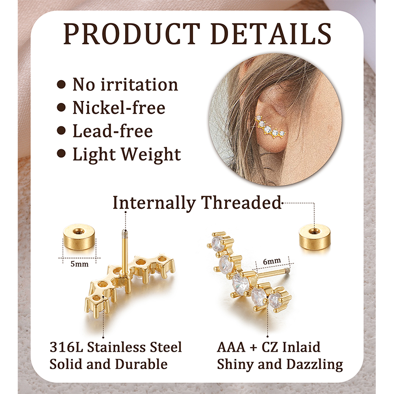 TUPMI 20G Cartilage Earrings for Women 14K Gold Stainless Steel Flat Back Cartilage Stud Earrings for Sensitive Ear Leaf Opal CZ Handmade Helix