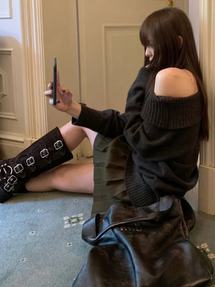 Deeptown Y2K Retro Shoulder Knitted Sweater Harajuku Womens Grunge Oversized Parachute Korean Coquette Slant Neck Pullover Top 241007