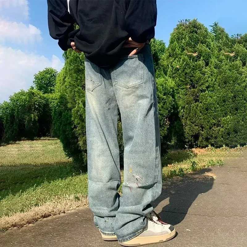 2024 New Mens Graffiti Embroidered Baggy Jeans Retro Straight-leg Denim Trousers High Street Distressed Y2K Jean pantalonesX241009