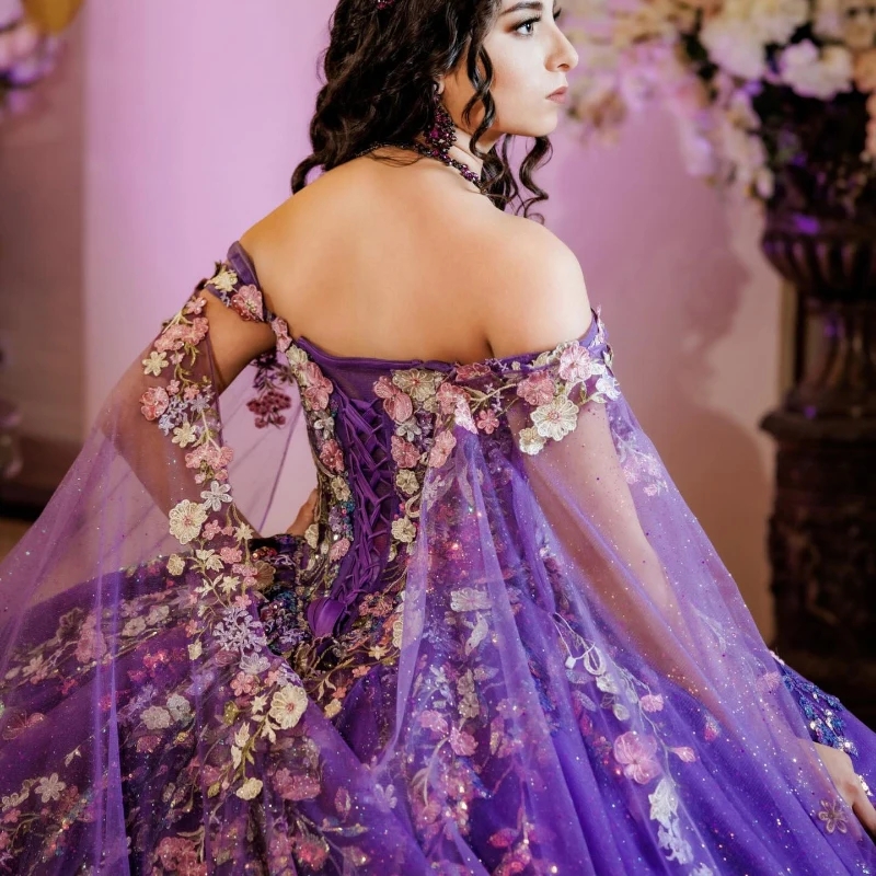 Purple Shiny Off the Shoulder Ball Gown Quinceanera Dresses With Cape Beading Appliques Lace Tull Corset Vestidos De 15 Anos Sweet 16 Dress