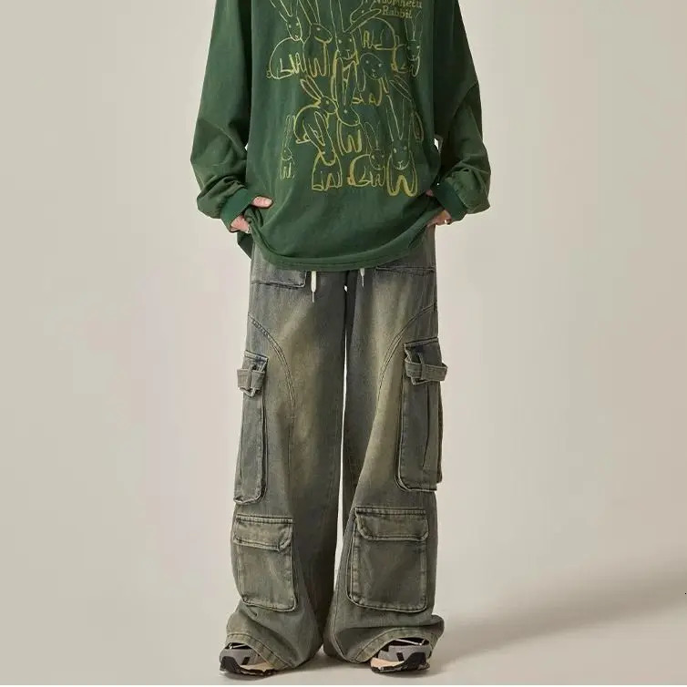 High Street Retro Washable Straight Work Clothes Jeans Pockets Mens and Womens Casual Loose American Pants y2k 240929