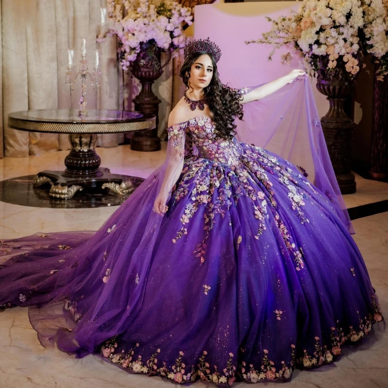 Purple Shiny Off the Shoulder Ball Gown Quinceanera Dresses With Cape Beading Appliques Lace Tull Corset Vestidos De 15 Anos Sweet 16 Dress