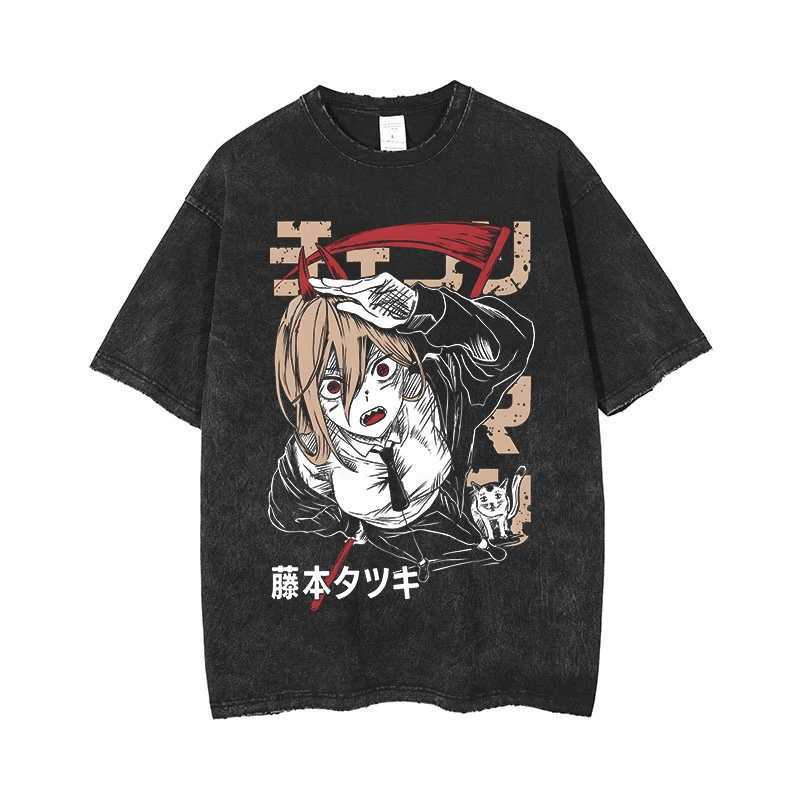Anime chains mens acid T-shirt retro wash printed graphic T-shirt mens Harajuku cotton casual short sleeved T-shirt topW240716
