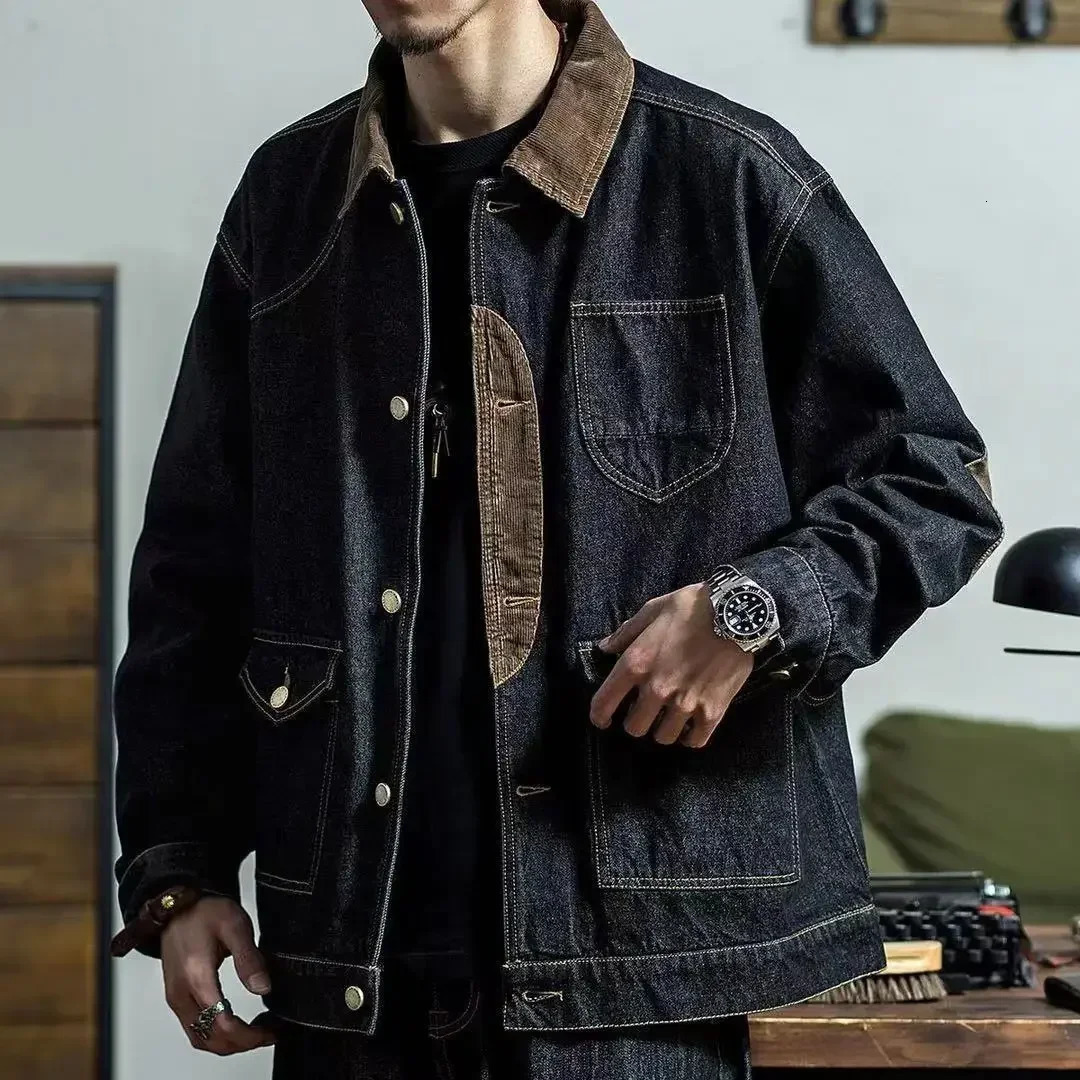 Mens denim jacket black patchwork mens Jean Coats wide sleeves original Korean clothing fabric 241007
