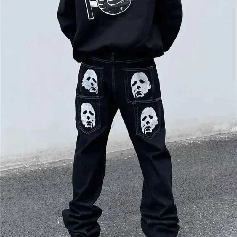 Man Cowboy Pants Straight Goth Mens Jeans Black Trousers Grunge Y2k with Print Designer Original 2024 Fashion Autumn ClothingX241009