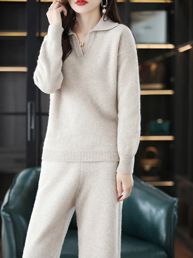 cashmere set womens collar Korean version high-end casual sweater wide leg pants wool knitted two-piece set 240927