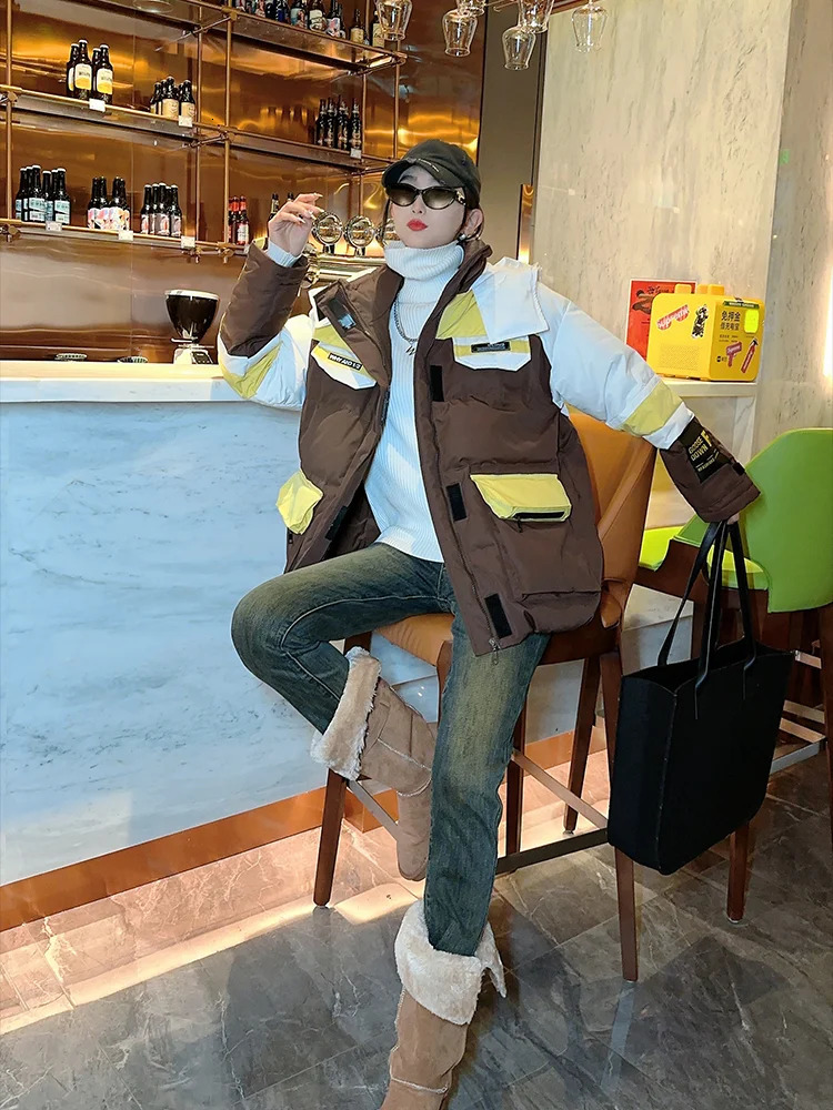 Womens colorful collision splicing work jacket down jacket white duck down thick and warm inflatable jacket winter 241009