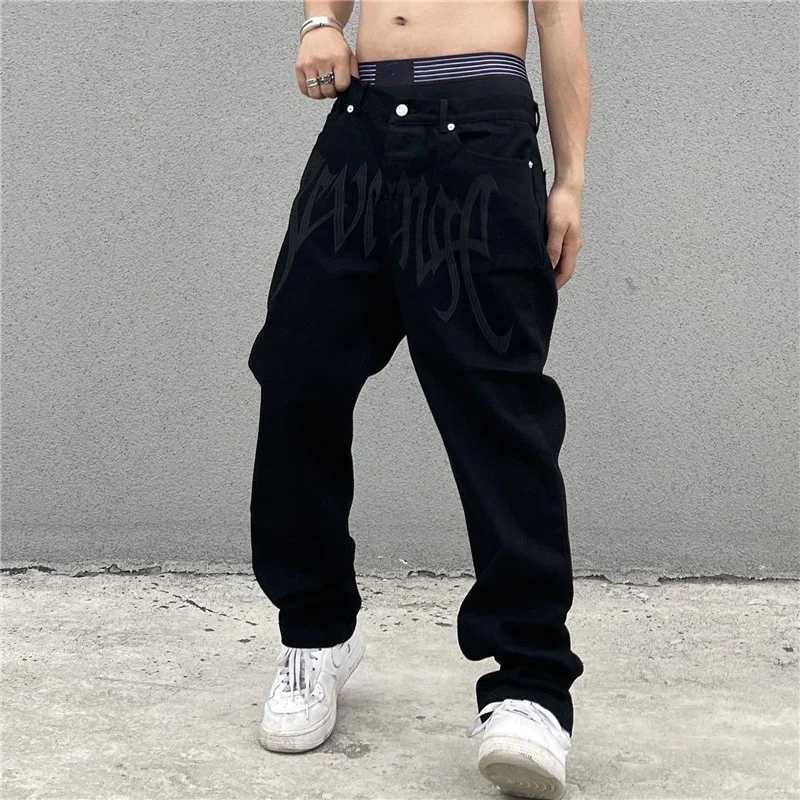 Black Baggy Straight Jeans Mens Streetwear American Vintage Printing Letter Pants Hip-hop Y2K Loose Denim TrousersX241009