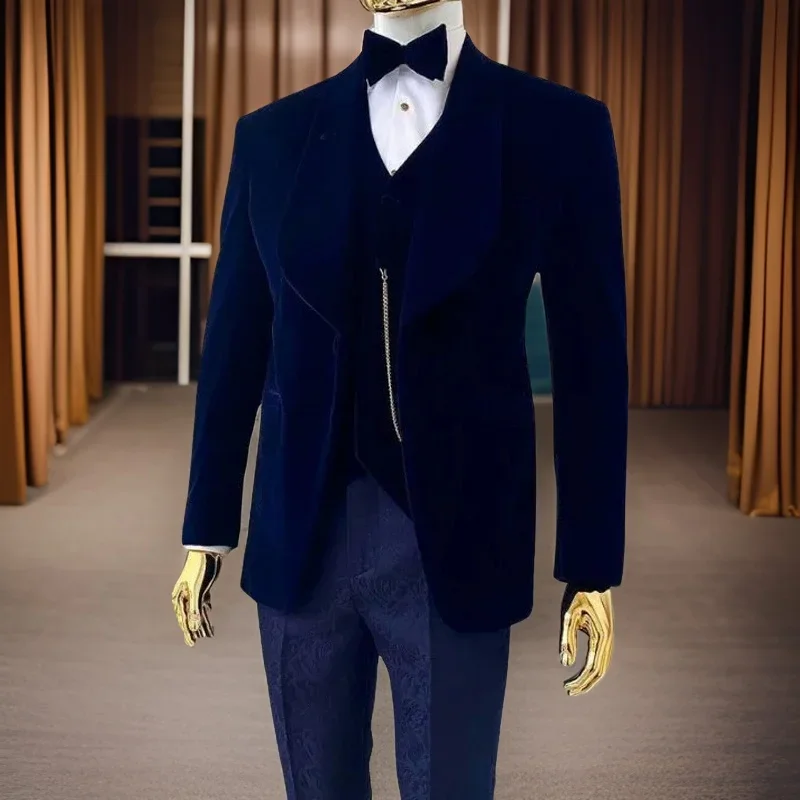 3 Pcs Wedding Tuxedo For Groom Slim Fit Men Suits Male Velvet Smoking Fashion Jacket With Pants Waistcoat 2024