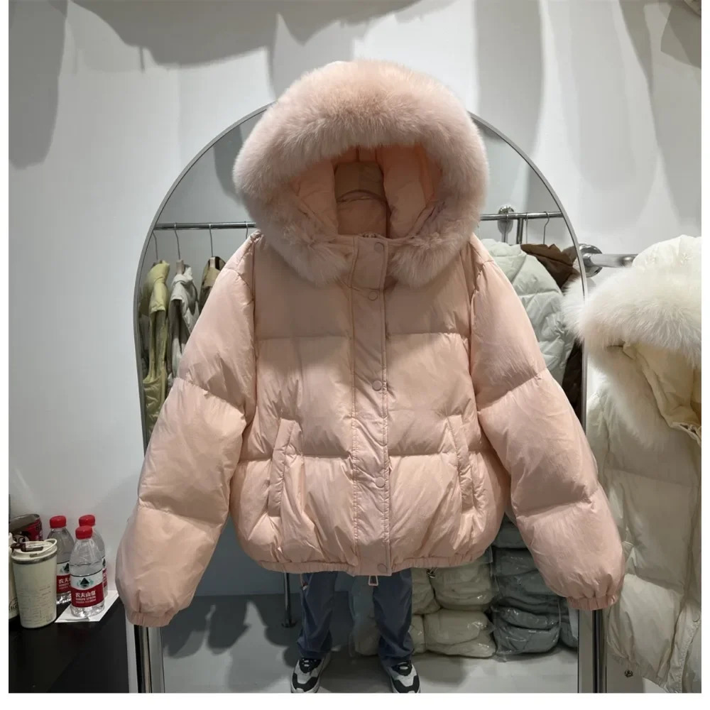 Real big fur collar hooded fur coat inflatable jacket fashionable white duck down jacket womens winter womens loose coat 241007