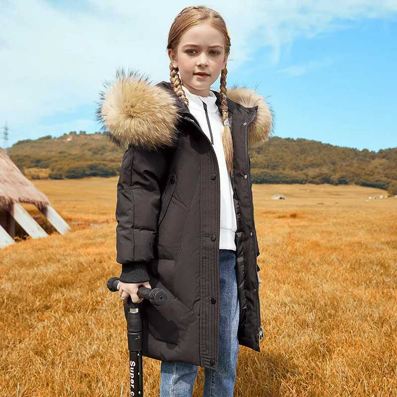 Down Coat Winter New Girl Down Jacket Real Raccoon Fur Childrens Snow Coat Thick Warm Set Youth Black Long Park XMP198 H241010