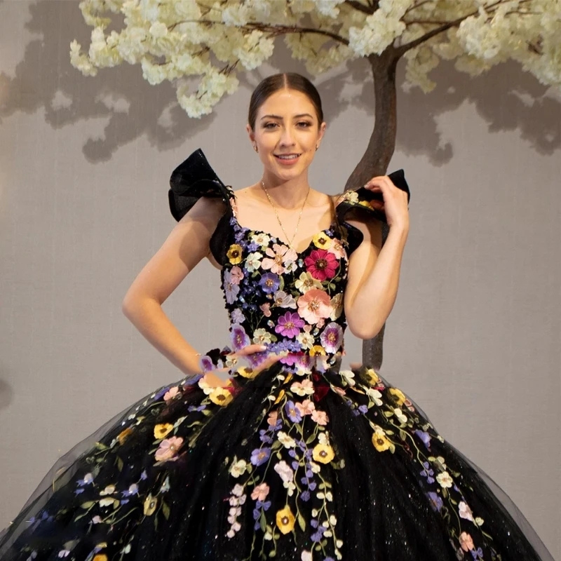 Black Quinceanera Dresses Ball Gown Ruffles Rhinestones Applique Beads Flowers Tull Court Train Robes De Soiree Tailored Vestido 15 De Anos