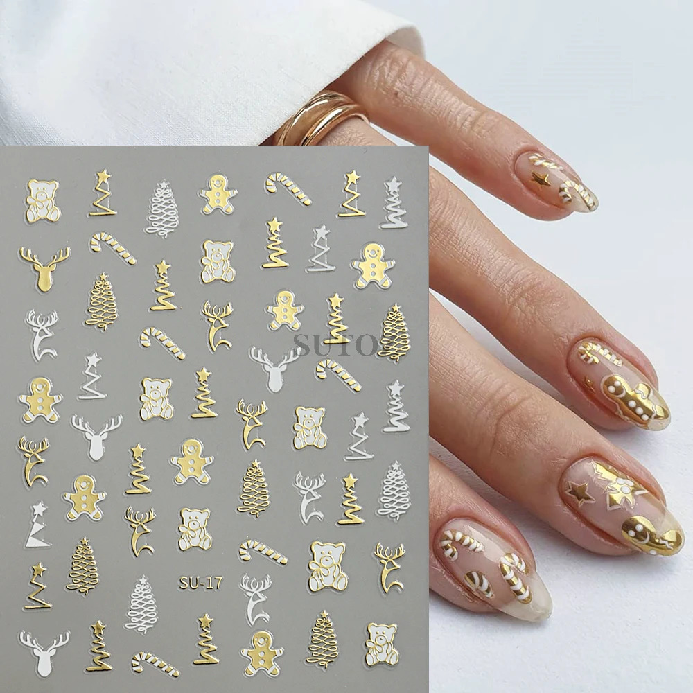 3D Golden Christmas Nail Stickers Metal Silver Deer Bear Snowflake Star Nail Stickers Year Decoration 2024 Slide LEBSU-19 241008