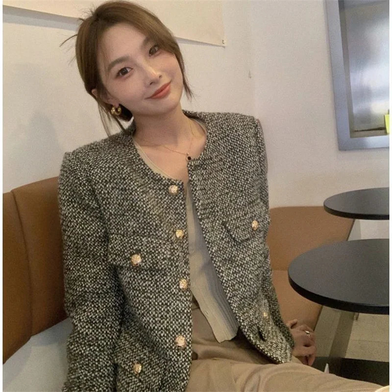 Womens tweed small perfume jacket single breasted jacket womens wool coat womens pocket coat black 240930