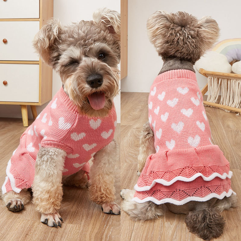 Dog Knitted Sweater Dress Heart Puppy Sweater Warm Soft Pet Holiday Clothes for Small Cats and Dogs