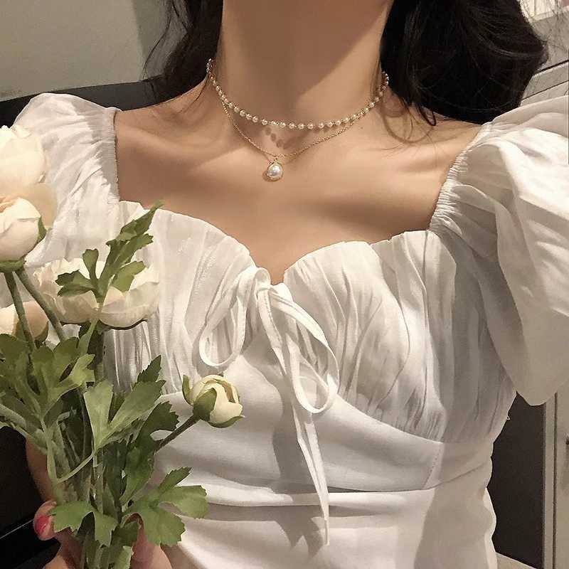 2024 New Fashion Imitation Pearl Choker Necklace Cute Double Layer Chain Round Pendant Necklaces For Women Jewelry Girl GiftX241009