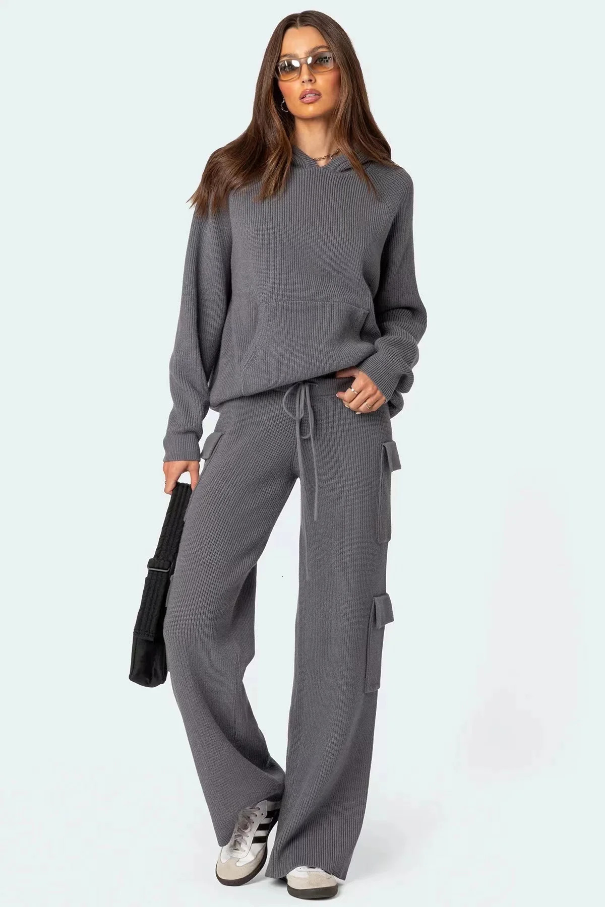 Knitted Multi Pocket Pants Set Fashion Hooded Sweatshirt Womens Long Sleeve Sweater Two Piece 241008