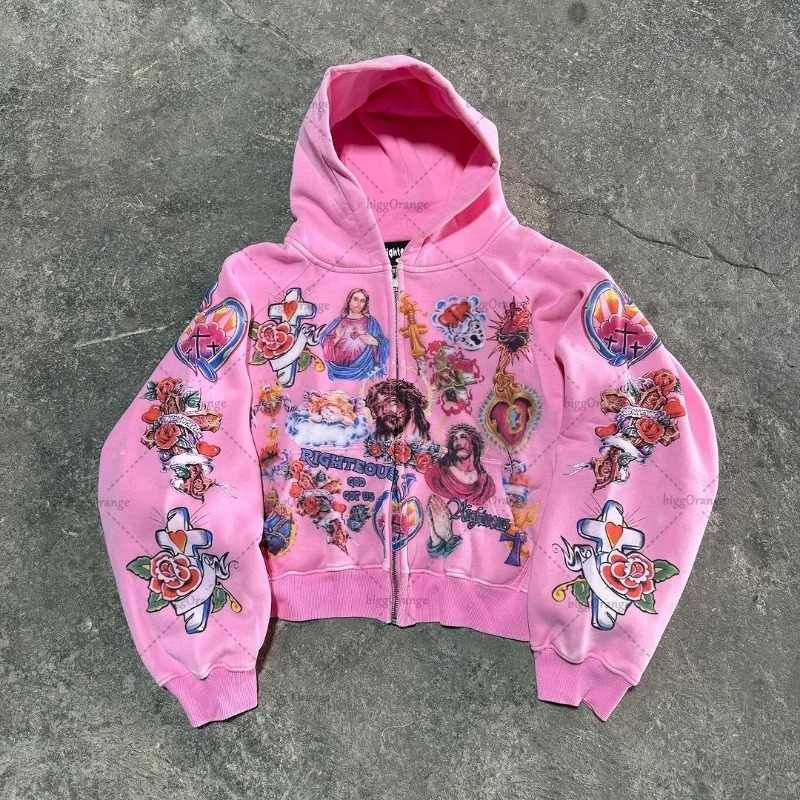 Y2K Harajuku retro oversized zipper hoodie American style cross print fashionable and casual fully matched sportswear jacket 241010