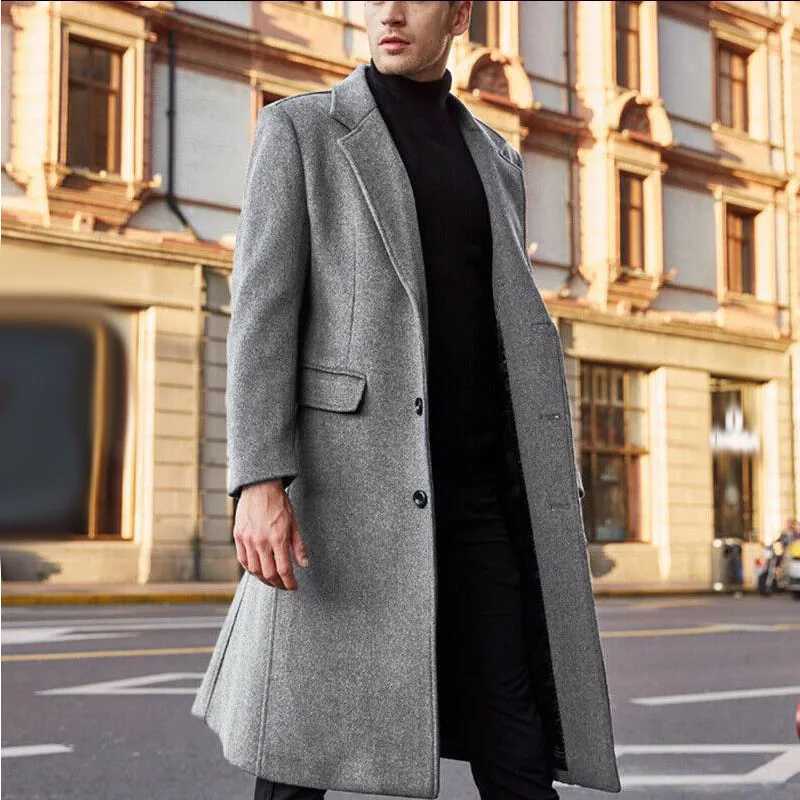 Autumn Winter Men Trench Coats Solid Color Fashion Windbreaker Long Sleeve Single Breasted Outerwear Male Slim Fit Long Jackets LX241010
