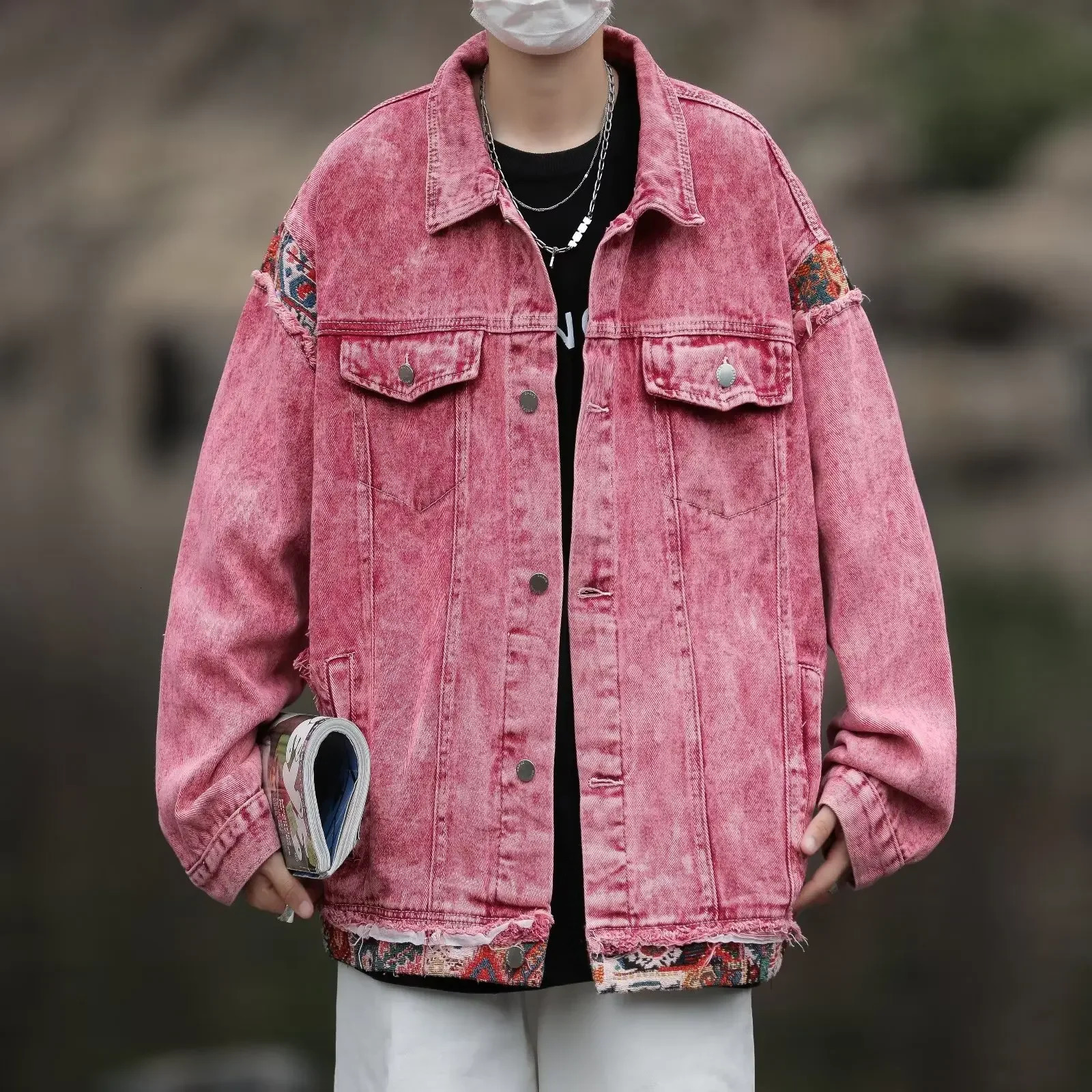 Fashion denim jacket for men and women Hong Kong style spring and autumn sexy red unique edge workwear jacket 241007
