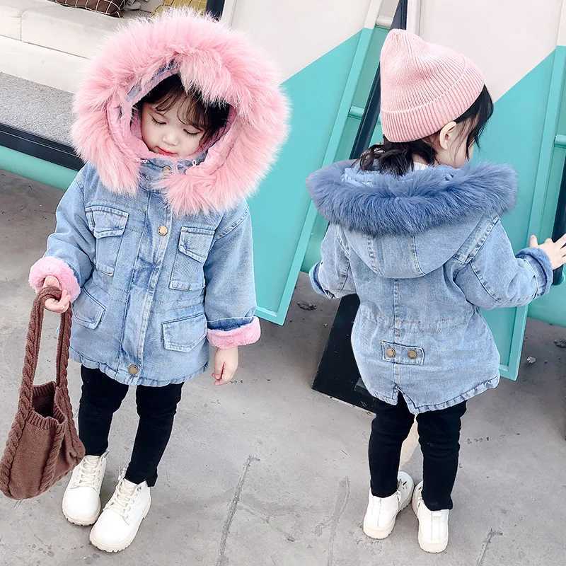 Down Coat Winter Baby Denim Jacket with Fur Warmth for Preschool Girls Plush Denim Jacket Cotton 1-5 Year Old Baby Girls Parka H241010