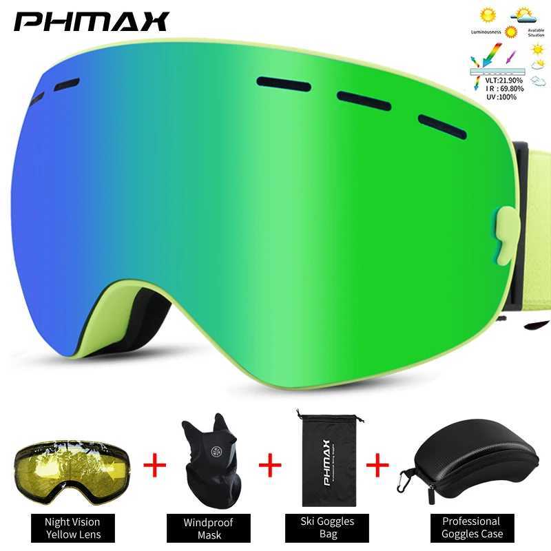 PHMAX ski goggles green OTG suitable for women adults teenagers glasses snow goggles interchangeable lenses anti fog ski goggles CL241010