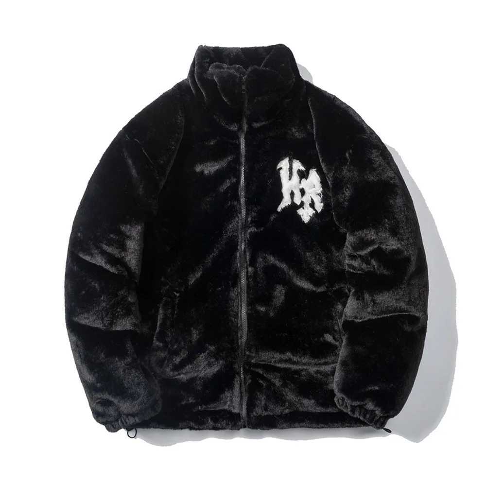 Men's Down Parkas Mens rabbit fur leather jacket hip-hop retro letter winter Flce jacket T-shirt casual Harajuku jacket zipper fashion jacket Y24