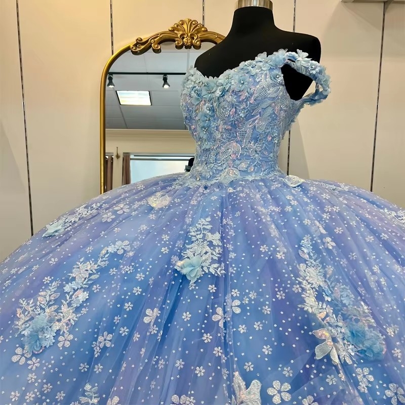 Sky Blue Quinceanera Dresses Off The Shoulder Crystal Sequined Ball Gown Off The Shoulder 3D Flowers Tull Corset Vestidos XV 15 De Anos