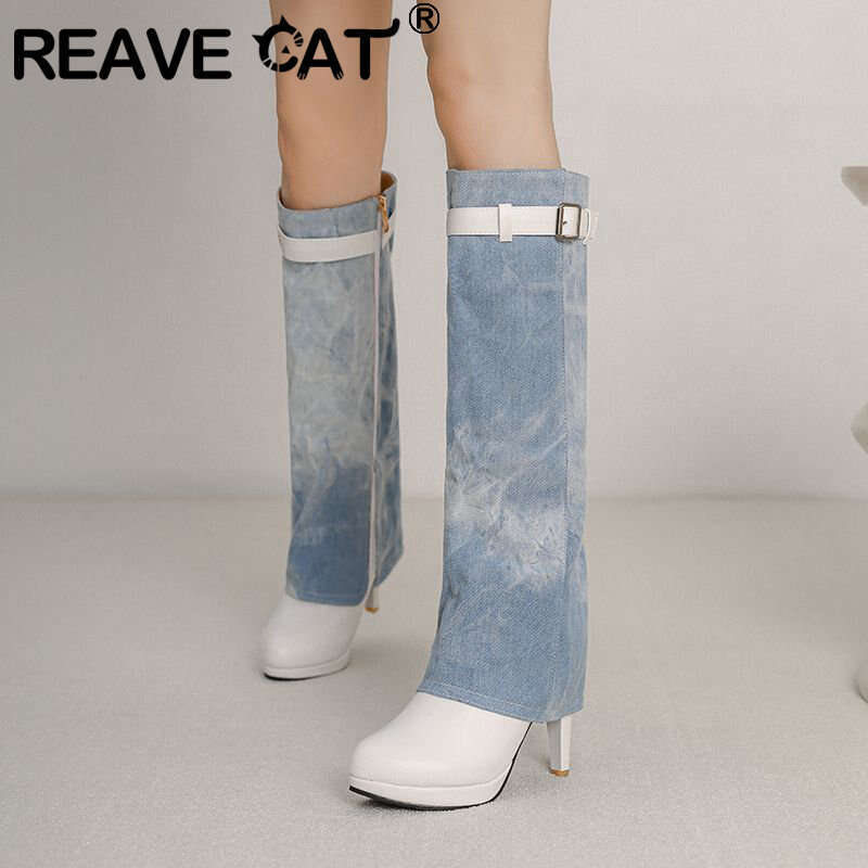 REAVE CAT Fashion Women Long Boots Splice Round Toe High Heels 10Cm Platform 2Cm Big Size 42 43 Bota 33