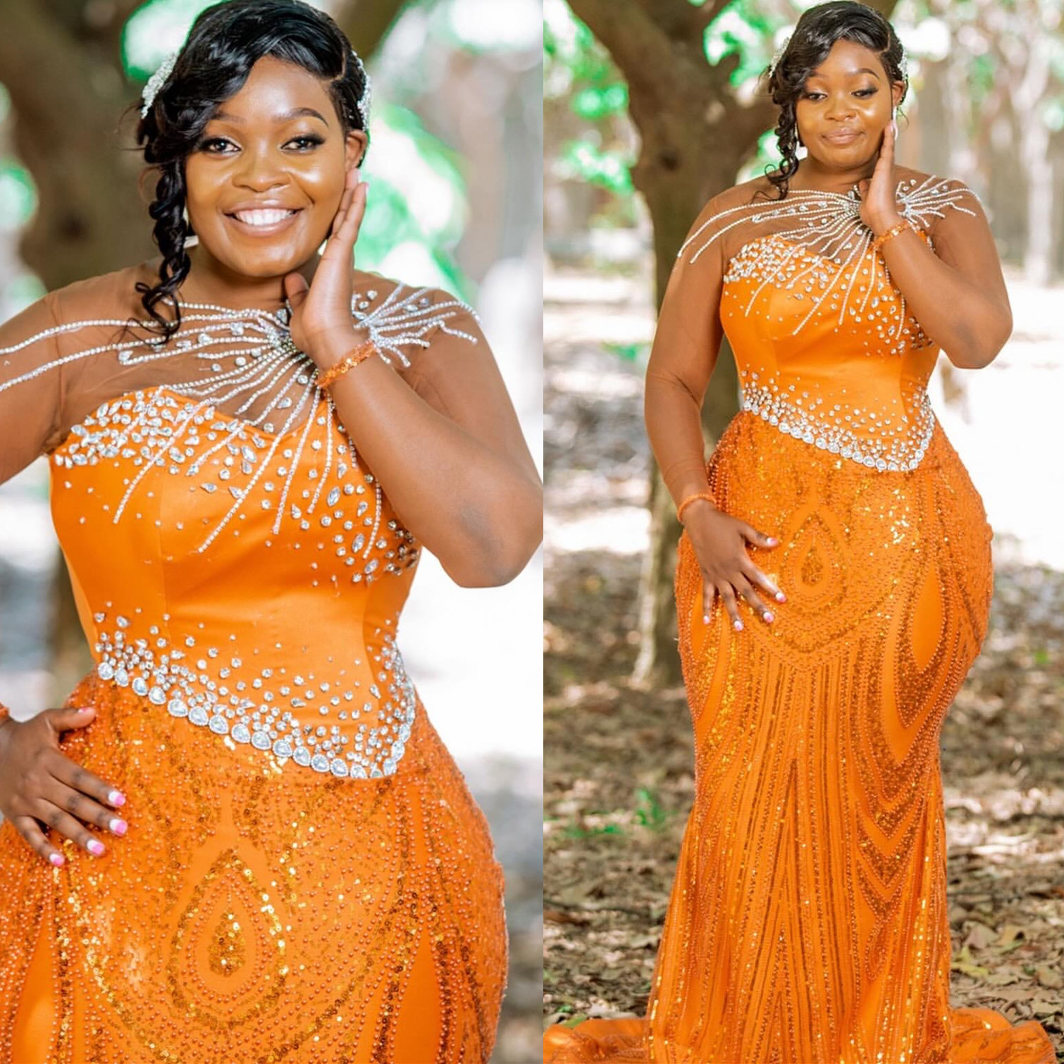Aso Ebi 2024 Orange Mermaid Prom Dresses Rhinestones Sequined Lace Full Sleeves Evening Formal Party Second Reception Birthday Gowns Dress For Special