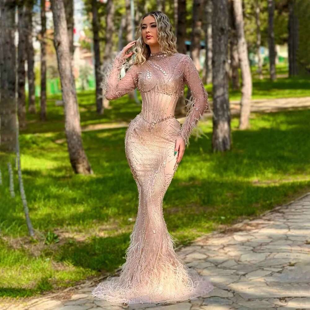 Wasisi Dubai Gowns Prom Dress Nude Illusion Pearls Beaded Feathers Mermaid Long Evening Dresses 2024 For Women Party