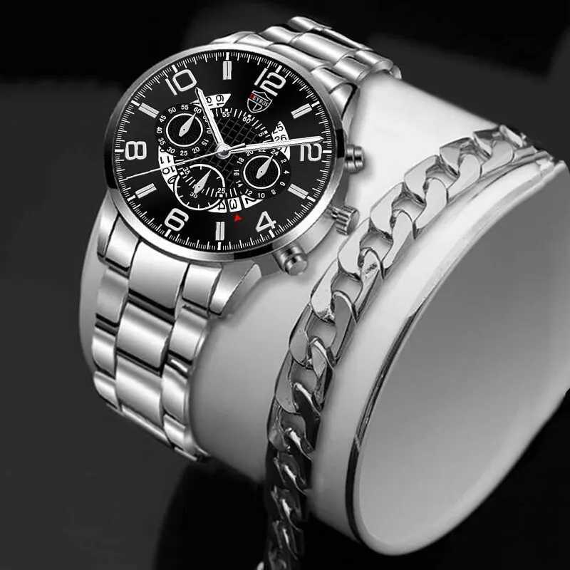 2PCS Fashion Mens Bracelet Watches Set Luxury Men Sports Silver Stainless Steel Quartz Watch Man Business Casual Wrist WatchX241010