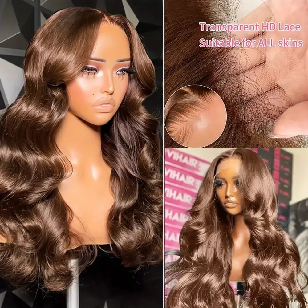 Chocolate brown lace wig baby hair Reddish brown 13x4 high-definition body wave lace front wig suitable for womens synthetic adhesive free wig 241007