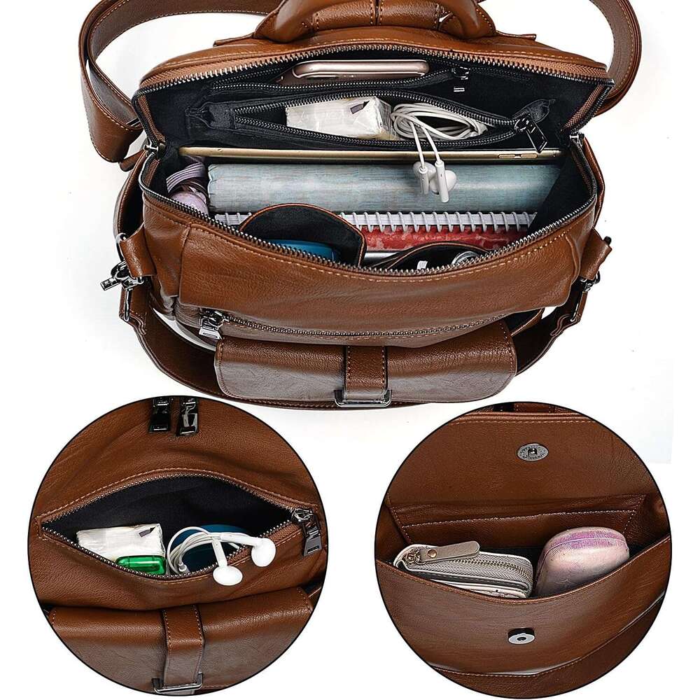 Women Backpack Purse Leather Vegan Convertible Ladies Rucack Front Belt Pocket Shoulder Bag Black