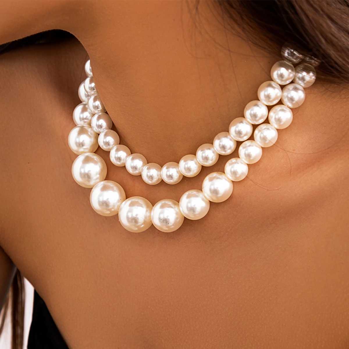2Pcs/Set Luxury Elegant Big Imitation Pearl Choker Necklace for Women Exaggerated Multilayer Beaded Collar Chain Wedding JewelryX241009