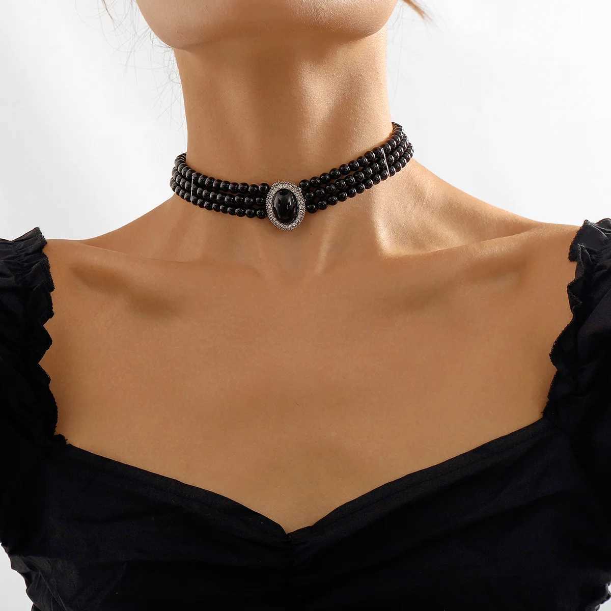 Multi-Layer Black Imitation Pearl Necklace Bead Chain Punk Ladies Wedding Short Clavicle Necklac Girl Charm Banquet JewelryX241009