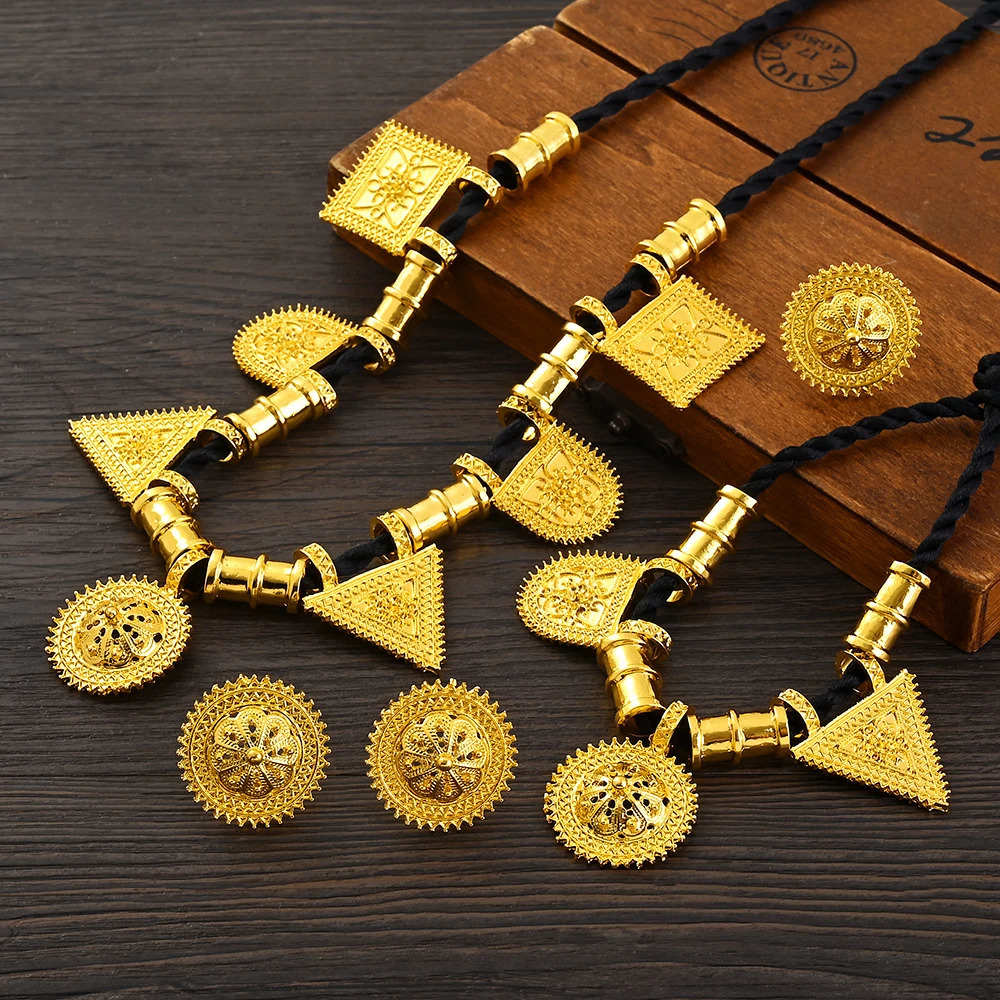 Ethiopian Gold Color Traditional Bridal Beautiful Jewelry Sets Necklace Earrings Ring Gifts Wedding Jewellery For Women 241007