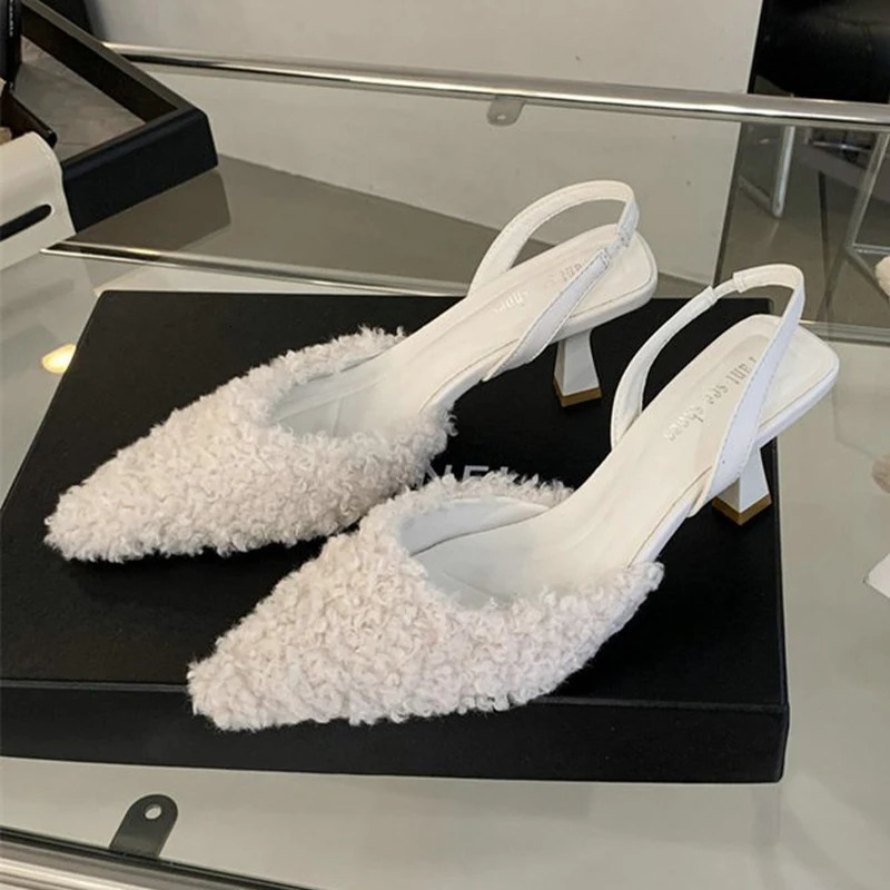 Women Fur Slippers Warm Mules Shoes Casual Mid Heels Boots Pointed Toe Plush Slingback Flip Flops Cotton Boots 240927