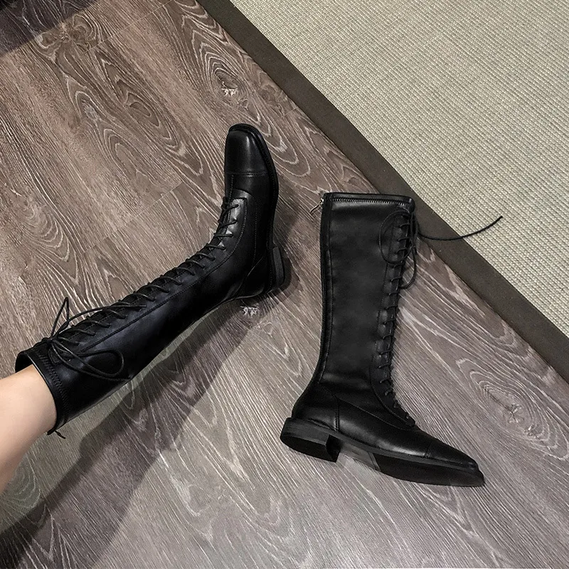 Antumn Winter Lace Up Long Boots Women Designer Low Heel Motorcycle Booties Square Toe Soft Leather Knee High Botas Plush